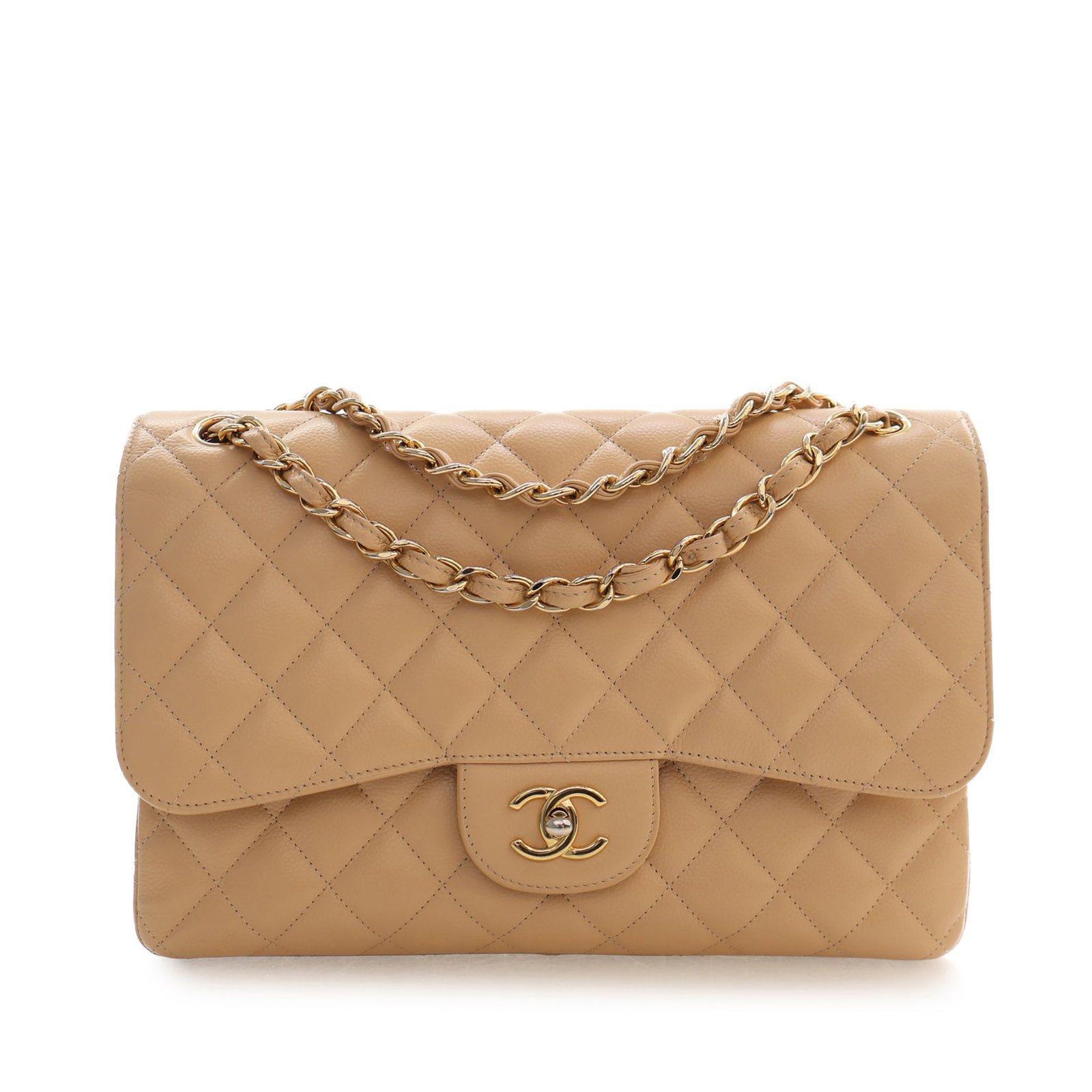 Chanel Jumbo Classic Double Flap Shoulder Bag Caviar Leather Beige: Chanel Jumbo Classic Double Flap Shoulder Bag Caviar Leather Beige A Chanel Jumbo Classic Caviar Double Flap shoulder bag crafted in quilted caviar leather. This bag features leather-woven chain strap