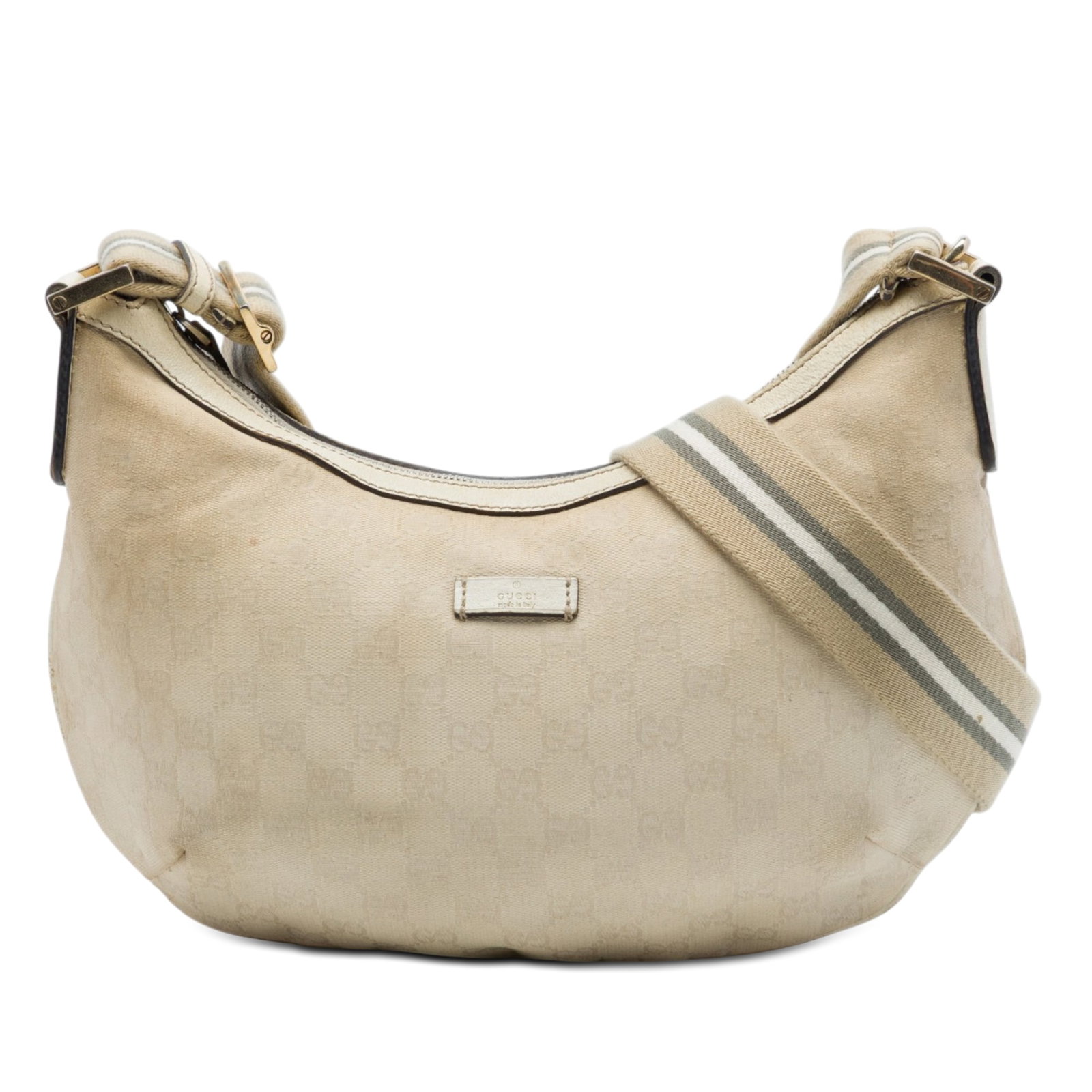 Gucci GG Canvas Web Beige Crossbody Bag: Gucci GG Canvas Web Beige Crossbody Bag Gucci GG Canvas Web Crossbody bag with a canvas body and leather trim. It features a flat strap, top zip closure, and an interior zip pocket. Condition is rated