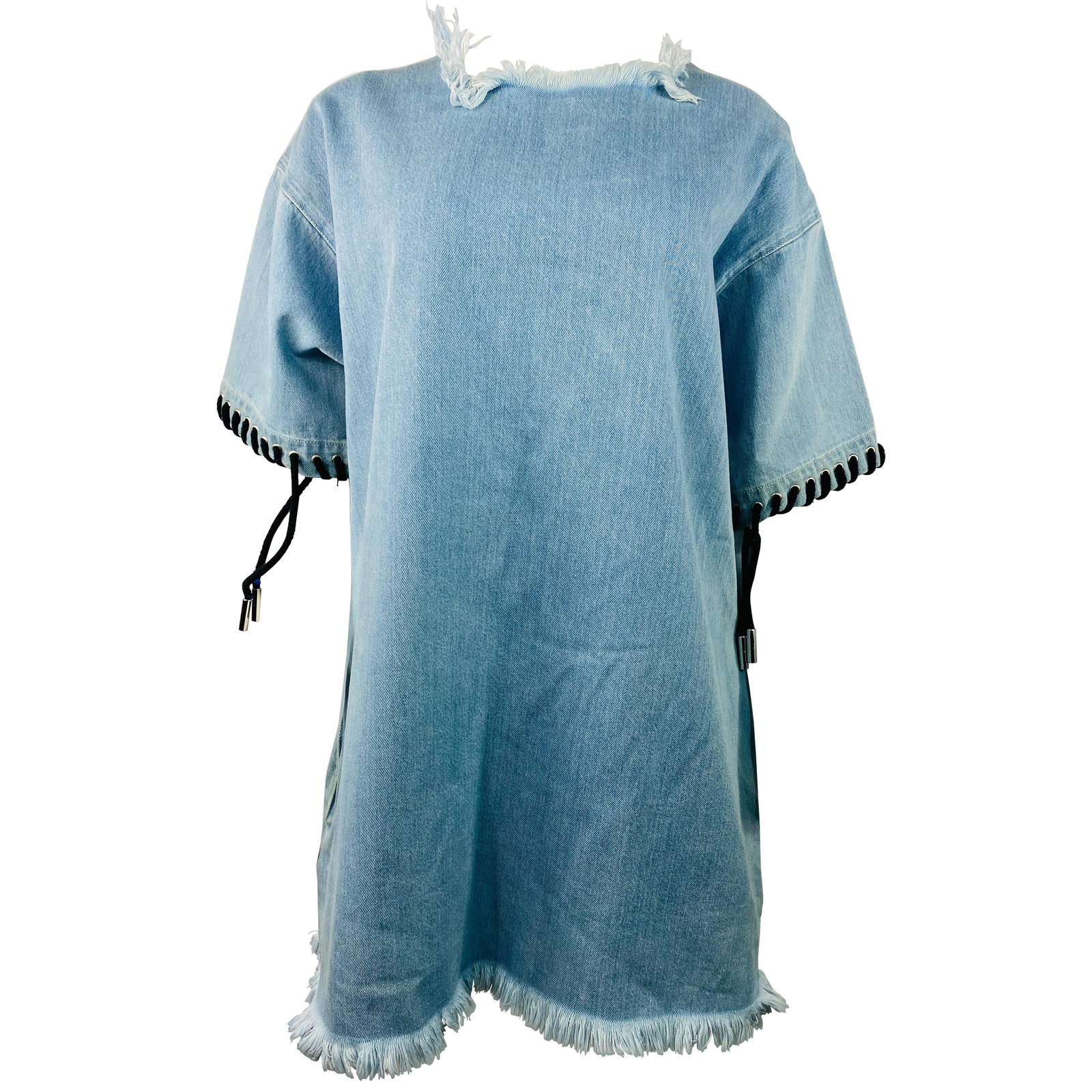Marques Almeida XS Light Blue Denim Mini Dress with Fringe: Marques Almeida XS Light Blue Denim Mini Dress with Fringe Marques Almeida blue denim mini dress in a light blue wash, made from 100% cotton. It features short sleeves with lace detail, a mini length,