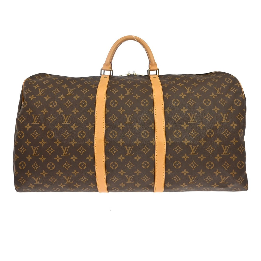 Louis Vuitton Keepall 60 Monogram Duffle Bag M41422: Louis Vuitton Keepall 60 Monogram Duffle Bag M41422 Vintage Louis Vuitton Keepall 60 travel handbag in the Monogram line, styled as an extra large duffle with double leather handles and zip closure. T