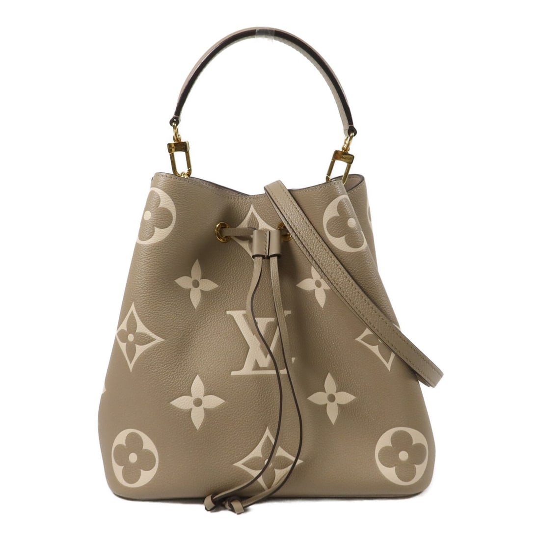 Louis Vuitton Neo Noe MM M45555 2 Way Shoulder Bag Monogram Empreinte: Louis Vuitton Neo Noe MM M45555 2 Way Shoulder Bag Monogram Empreinte Louis Vuitton Neo Noe MM 2-way shoulder bag in beige and grey Monogram Empreinte calfskin. This women's bag features a top handle 