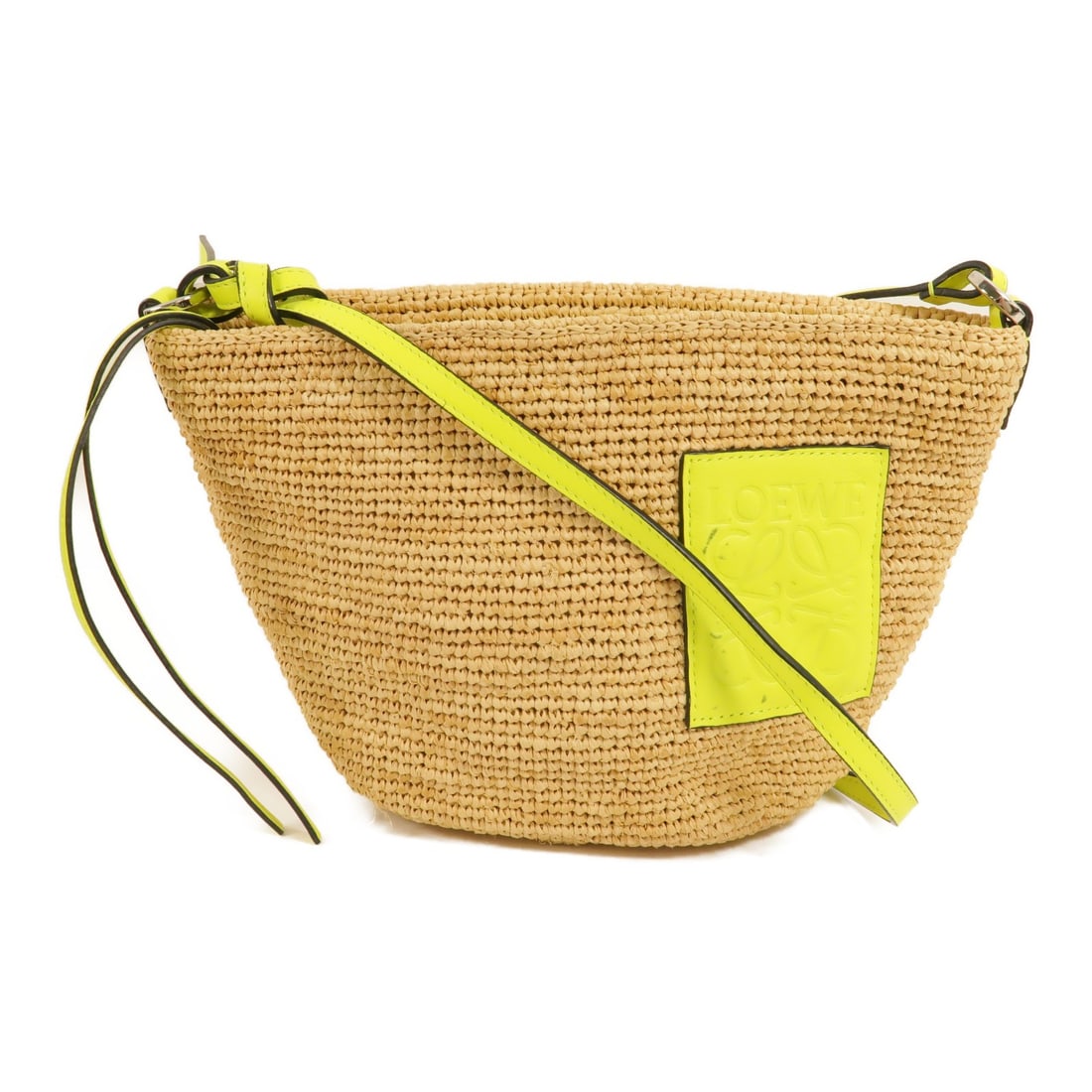 LOEWE Slit Pochette Raffia Shoulder Bag Brown Yellow: LOEWE Slit Pochette Raffia Shoulder Bag Brown Yellow LOEWE Slit Pochette shoulder bag in brown raffia with yellow accents. Made in Spain, this women's shoulder bag includes a storage bag and shows rea