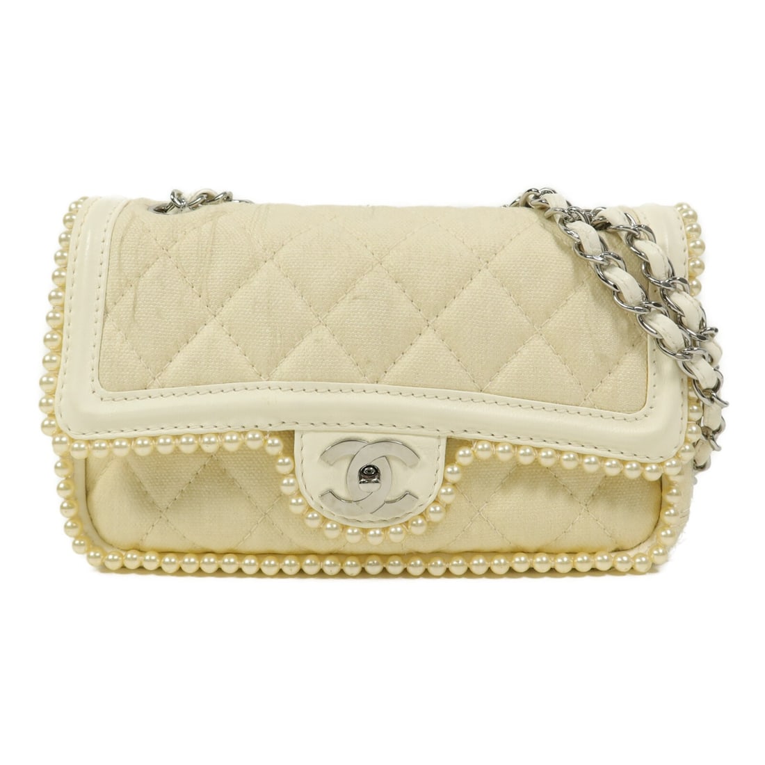 CHANEL CC Canvas Shoulder Bag Beige Chain Strap SHW: CHANEL CC Canvas Shoulder Bag Beige Chain Strap SHW CHANEL shoulder bag in beige canvas with silver-tone hardware and CC detailing. It features a turn-lock closure, one inside zip pocket, four open in