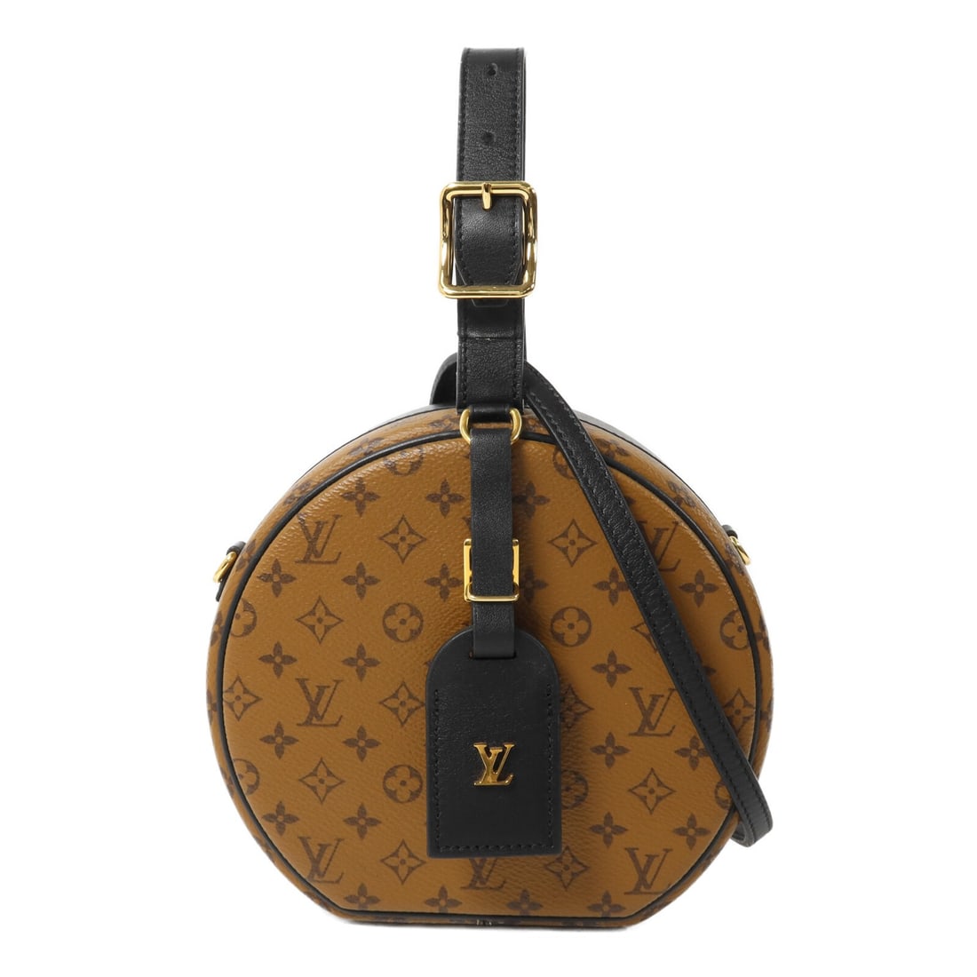 Louis Vuitton Petite Boite Chapeau 2way Bag M43510 Monogram Reverse: Louis Vuitton Petite Boite Chapeau 2way Bag M43510 Monogram Reverse This Louis Vuitton Petite Boite Chapeau shoulder bag is a 2-way style in Monogram Reverse, presented in brown and black. It is made 