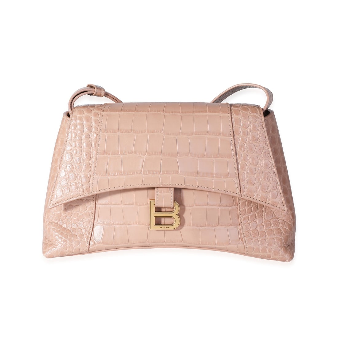 Balenciaga Hourglass Downtown leather shoulder bag in beige croc embossed: Balenciaga Hourglass Downtown leather shoulder bag in beige croc embossed Balenciaga Hourglass Downtown shoulder bag in beige croc-embossed leather with a structured silhouette and flap top snap closu
