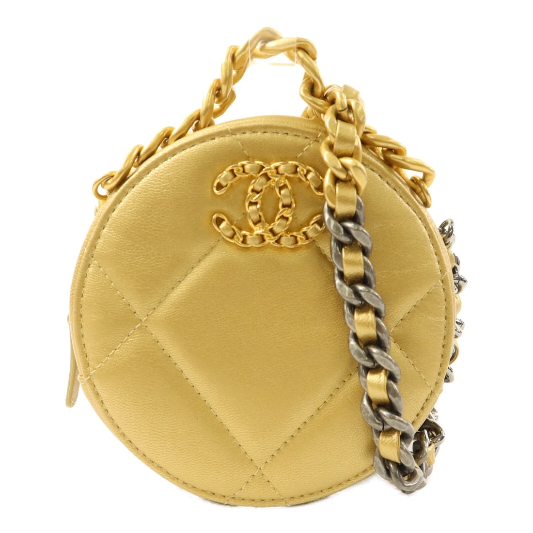 CHANEL C19 CC Round Clutch 2 Way Shoulder Bag Gold Lambskin: CHANEL C19 CC Round Clutch 2 Way Shoulder Bag Gold Lambskin Compact and versatile, this CHANEL CC C19 round clutch can be carried as a clutch or worn as a shoulder bag. It is crafted from lambskin lea