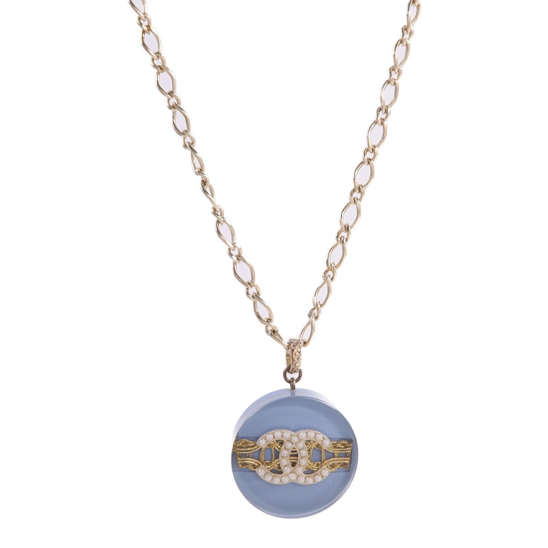 CHANEL CC Blue Gold PVC Metal Pendant Necklace: CHANEL CC Blue Gold PVC Metal Pendant Necklace CHANEL CC necklace in PVC and metal with a blue and gold color combination. The piece features a CC motif and comes with no accessories. Condition is lis