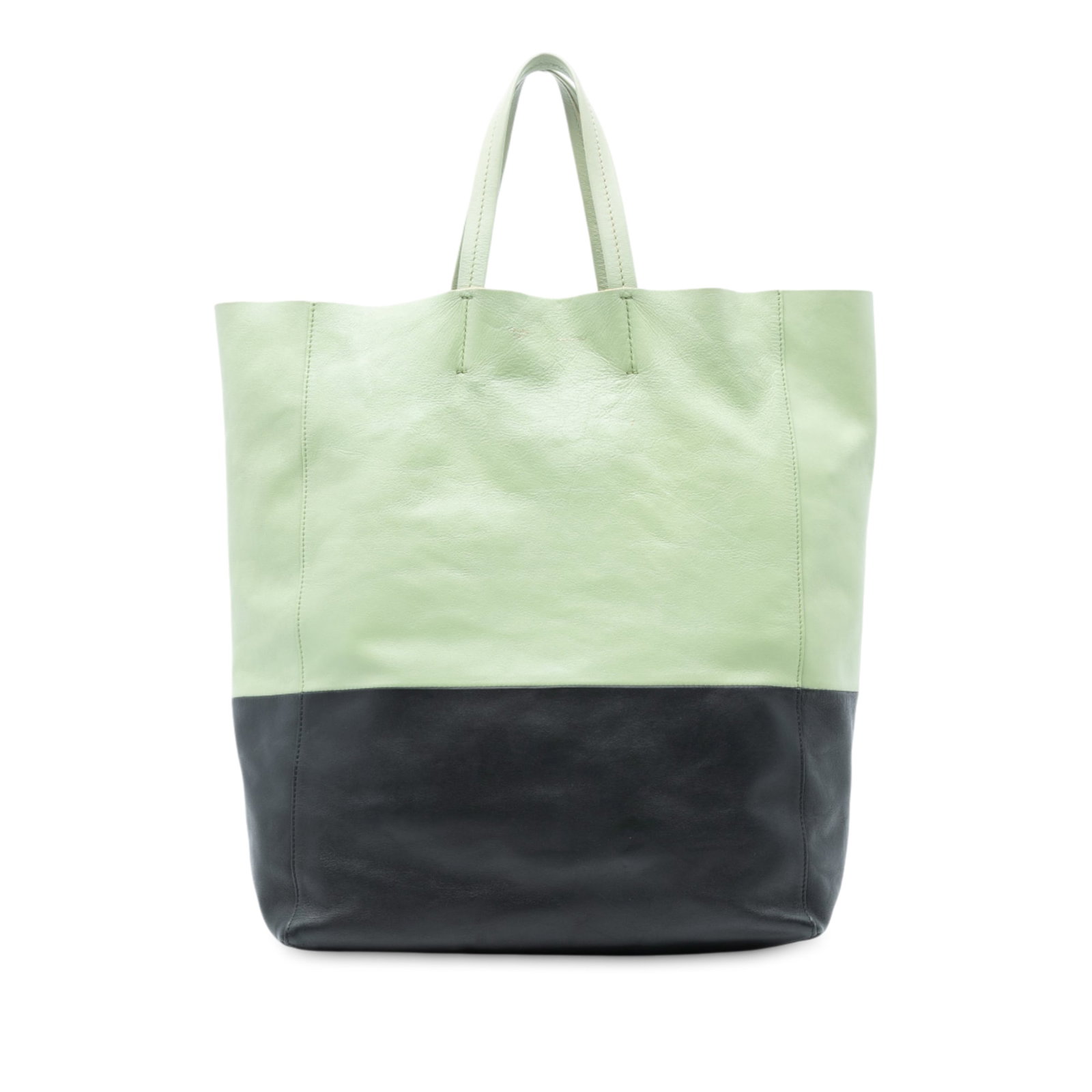 Celine Bicolor Leather Vertical Cabas Tote Green Italy: Celine Bicolor Leather Vertical Cabas Tote Green Italy This stylish Celine Bicolor Leather Vertical Cabas Tote is crafted from high-quality leather and features a chic green color. The tote is designe