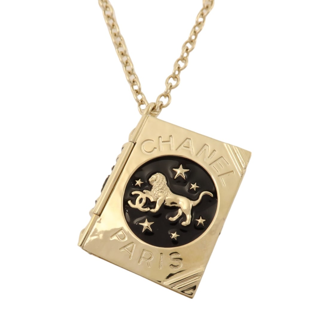 CHANEL B22C Lion Book Locket Pendant Necklace Black Gold Metal (1 of 11)