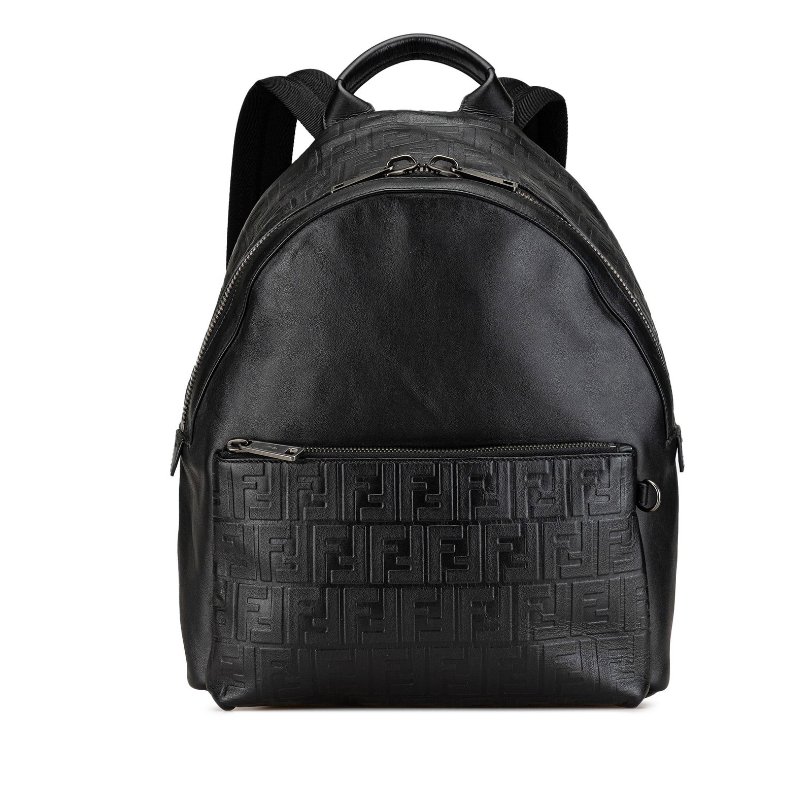 Fendi black leather Zucca embossed backpack: Fendi black leather Zucca embossed backpack This Fendi Vitello Grace Zucca Embossed Leather Backpack is crafted from black leather and features adjustable flat back straps, a flat top handle, a top zi