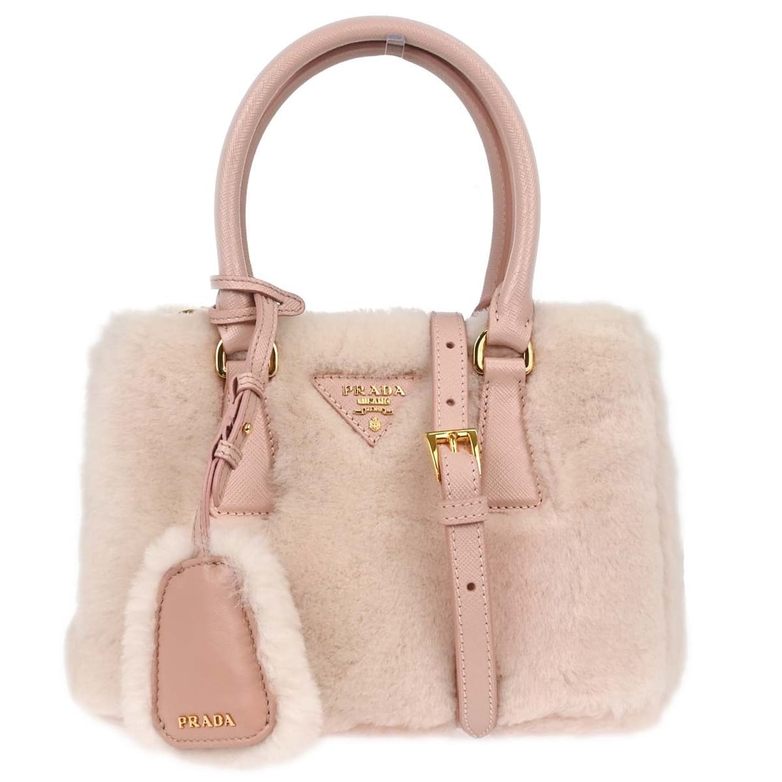 Prada Galleria Shearling Mini Pink 2Way Tote Bag: Prada Galleria Shearling Mini Pink 2Way Tote Bag Prada Galleria mini 2-way handbag in pink shearling and leather. This women's tote-style bag features logo accents, a leather lining, and a structured 