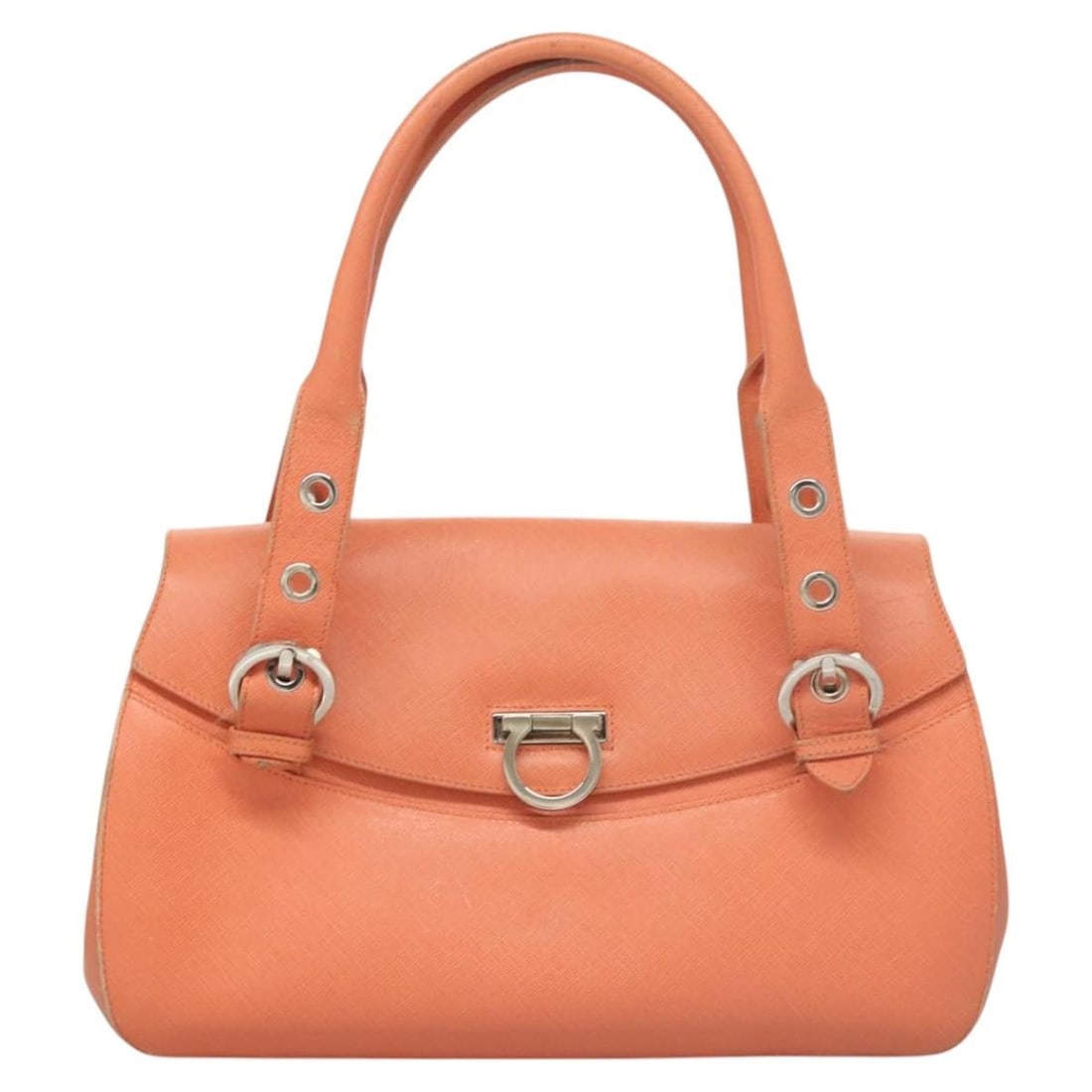 Orange Leather Handbag Salvatore Ferragamo Gancini Italy: Orange Leather Handbag Salvatore Ferragamo Gancini Italy Salvatore Ferragamo Gancini leather bag in orange. Made in Italy, this women's bag is presented in fair vintage condition with honest wear. The