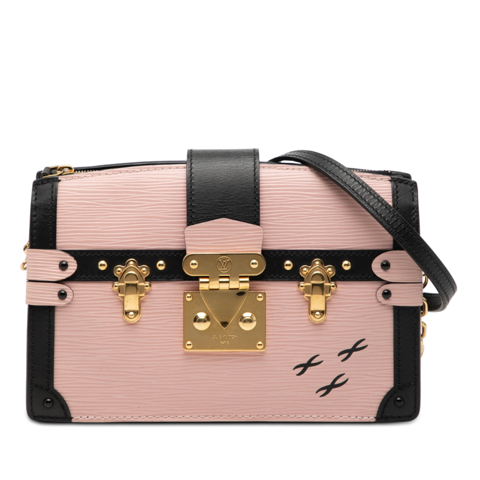 Louis Vuitton Pink Epi Leather Trunk Clutch with Chain Strap: Louis Vuitton Pink Epi Leather Trunk Clutch with Chain Strap The Louis Vuitton Epi Trunk Clutch is crafted from epi leather and features an adjustable and detachable chain link strap with a leather gu