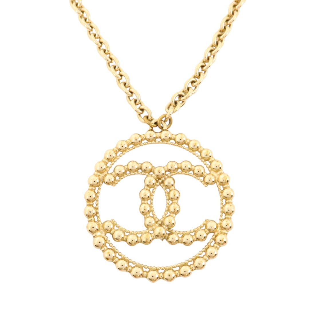 CHANEL L22C CC Gold Tone Metal Necklace with Box: CHANEL L22C CC Gold Tone Metal Necklace with Box CHANEL CC necklace in gold-tone metal featuring the L22C date code and a large CC motif. Includes a storage box. Condition is AB: Very Good. Specificat