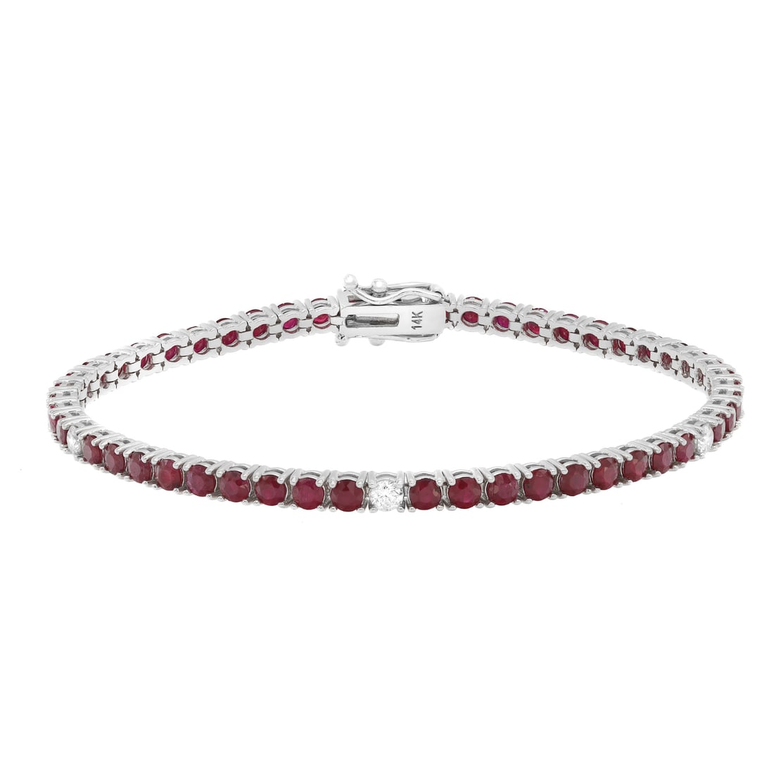 Rachel Koen 14K White Gold Ruby Diamond Tennis Bracelet 7 Inch: Rachel Koen 14K White Gold Ruby Diamond Tennis Bracelet 7 Inch This exquisite Rachel Koen tennis bracelet is a stunning blend of elegance and craftsmanship. Made from luxurious 14K white gold, it feat