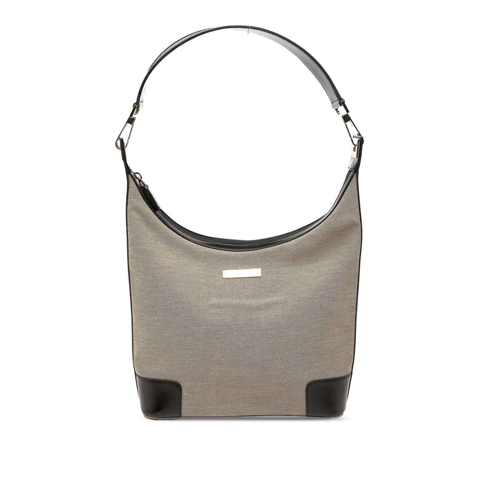Gucci Canvas Shoulder Bag Beige Fabric Leather Trim: Gucci Canvas Shoulder Bag Beige Fabric Leather Trim Gucci canvas shoulder bag with leather trim and a flat leather strap. The bag has a top zip closure and an interior zip pocket. Condition is B+ with