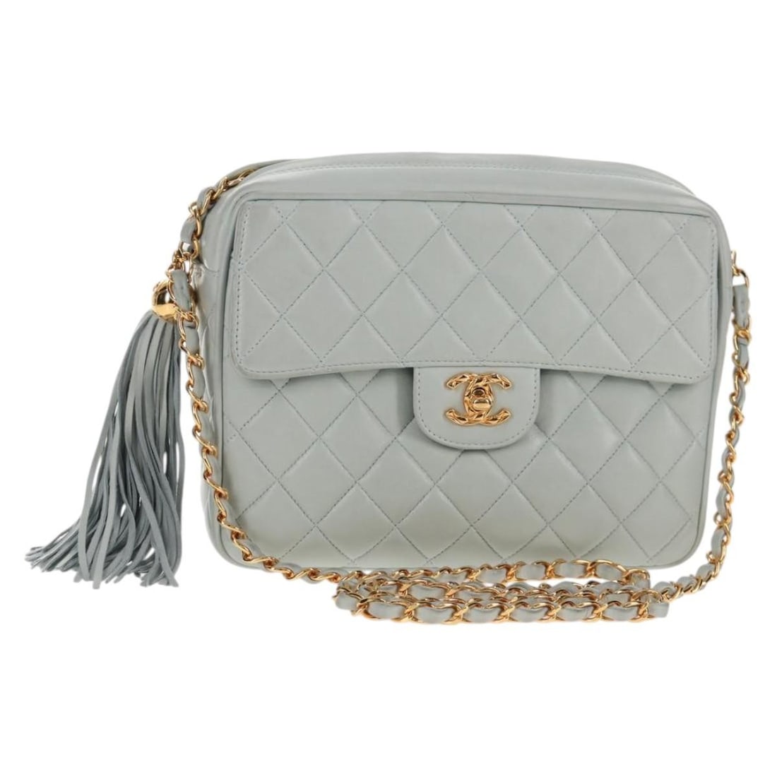 CHANEL Light Blue Lambskin Matelasse Shoulder Bag Gold Chain Auth: CHANEL Light Blue Lambskin Matelasse Shoulder Bag Gold Chain Auth This elegant CHANEL Matelasse Chain Shoulder Bag is crafted from luxurious lambskin in a stunning light blue and gold color combinatio