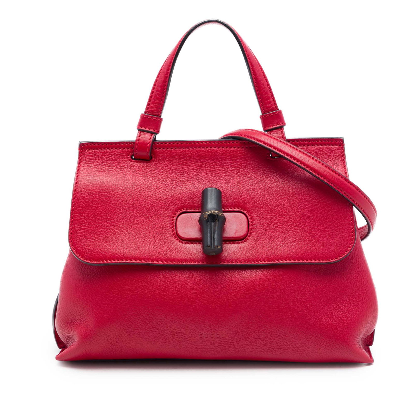 Gucci Bamboo Daily Small Calfskin Satchel Red Leather: Gucci Bamboo Daily Small Calfskin Satchel Red Leather This satchel features a calfskin leather body with a bamboo twist-lock front flap, a flat top handle, and a detachable flat strap. The interior in