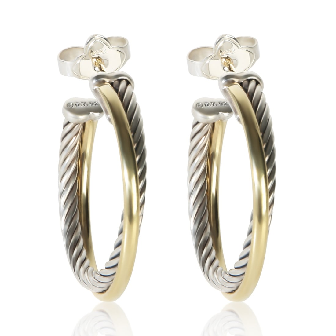 David Yurman Crossover Hoop Earrings 18K Yellow Gold Sterling Silver: David Yurman Crossover Hoop Earrings 18K Yellow Gold Sterling Silver Pre-owned David Yurman Crossover Hoop earrings crafted in 1/4 18k yellow gold and sterling silver. This women's pair features the s