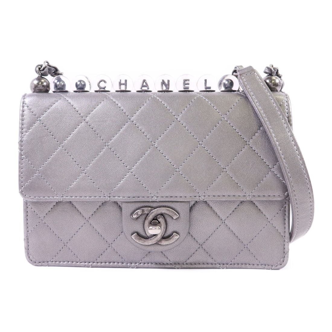 CHANEL AS0585 CC Shoulder Bag Gray Calfskin Silver Tone Hardware: CHANEL AS0585 CC Shoulder Bag Gray Calfskin Silver Tone Hardware A CHANEL CC SHW Chain Shoulder Bag, model AS0585, crafted in gray calfskin (cowhide) leather. This women's shoulder bag is described as