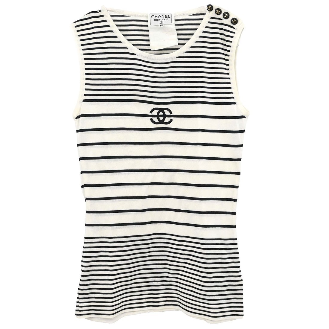 CHANEL 96P Womens White Cotton Logo Tank Top Size 36: CHANEL 96P Womens White Cotton Logo Tank Top Size 36 White sleeveless tank top by Chanel with a round neckline, regular fit, and logo accent. Made from 100% cotton, this women's top is noted as size 3