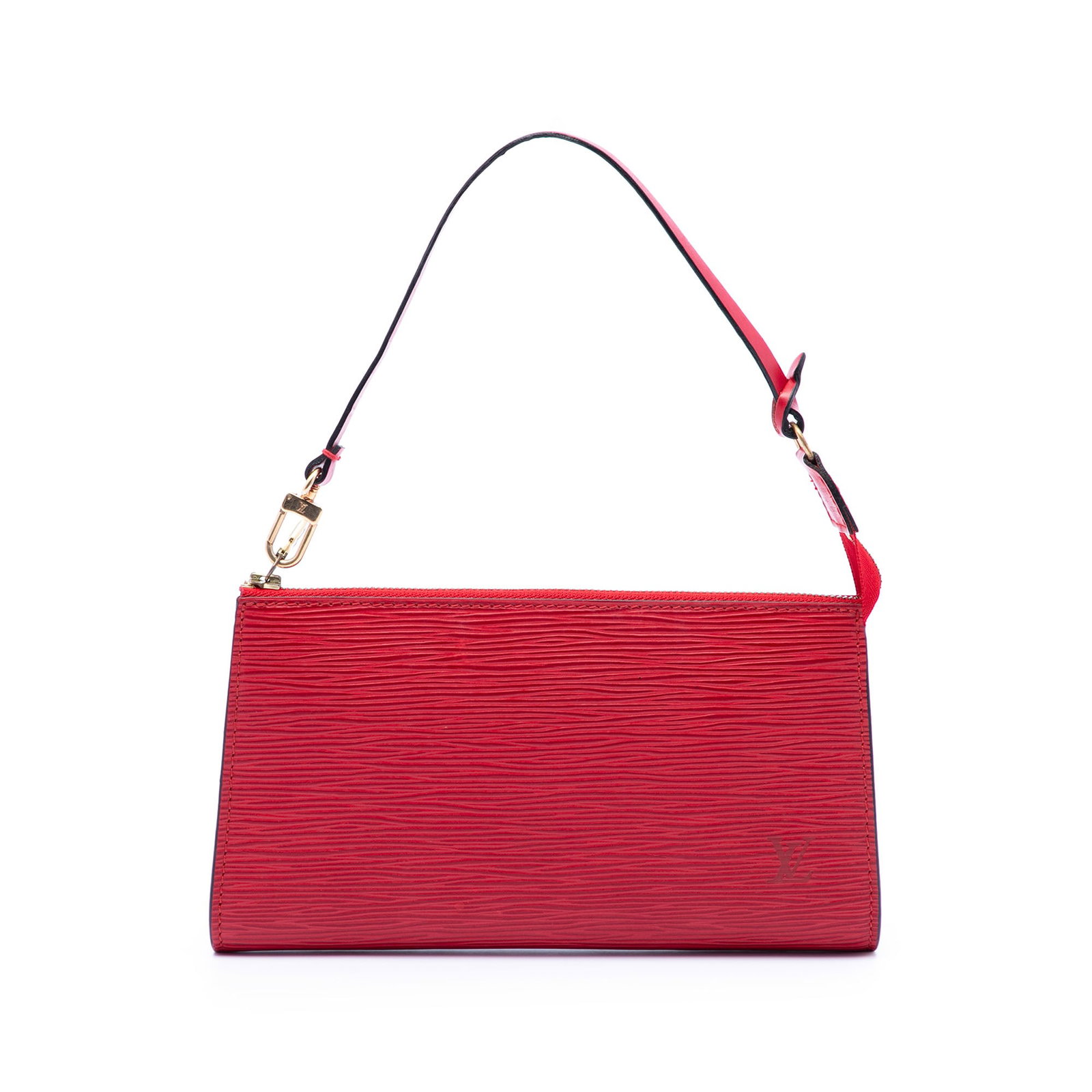 Louis Vuitton Epi Pochette Accessoires Red Leather Handbag: Louis Vuitton Epi Pochette Accessoires Red Leather Handbag Louis Vuitton Epi Pochette Accessoires in red leather with a flat shoulder strap and top zip closure. Made in France. Condition AB with stain