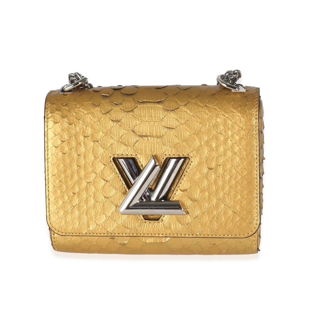 Louis Vuitton Twist PM gold python shoulder bag with dustbag mirror: Louis Vuitton Twist PM gold python shoulder bag with dustbag mirror Pre-owned Louis Vuitton Twist PM shoulder bag in metallic gold python with a turnlock closure. This unisex bag features a gold leath