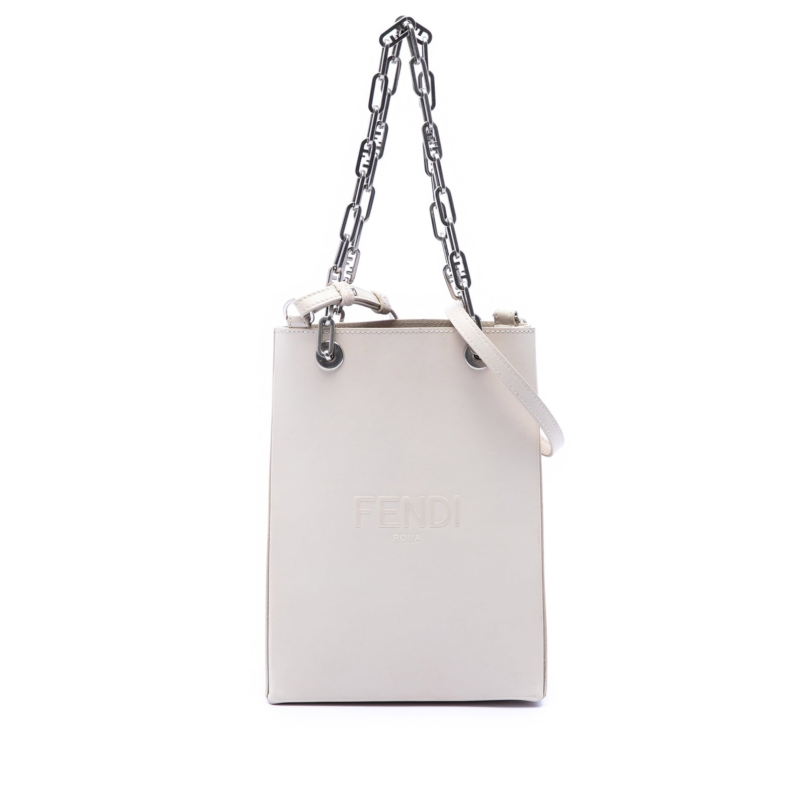 Fendi Small Shopping Tote White Leather Satchel with Chain Straps: Fendi Small Shopping Tote White Leather Satchel with Chain Straps Fendi Small Leather Shopping Tote in white leather with silver tone chain straps and a detachable flat leather shoulder strap. This sa