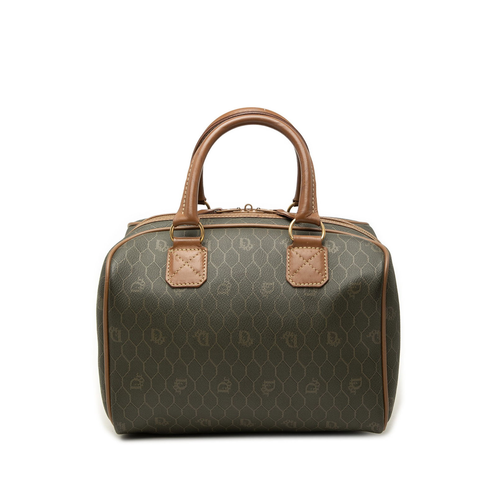Dior Honeycomb Boston Bag in Brown Coated Canvas: Dior Honeycomb Boston Bag in Brown Coated Canvas Dior Honeycomb Boston bag in brown coated canvas with leather trim and rolled leather handles. The bag features a two-way zip-around closure and is mad