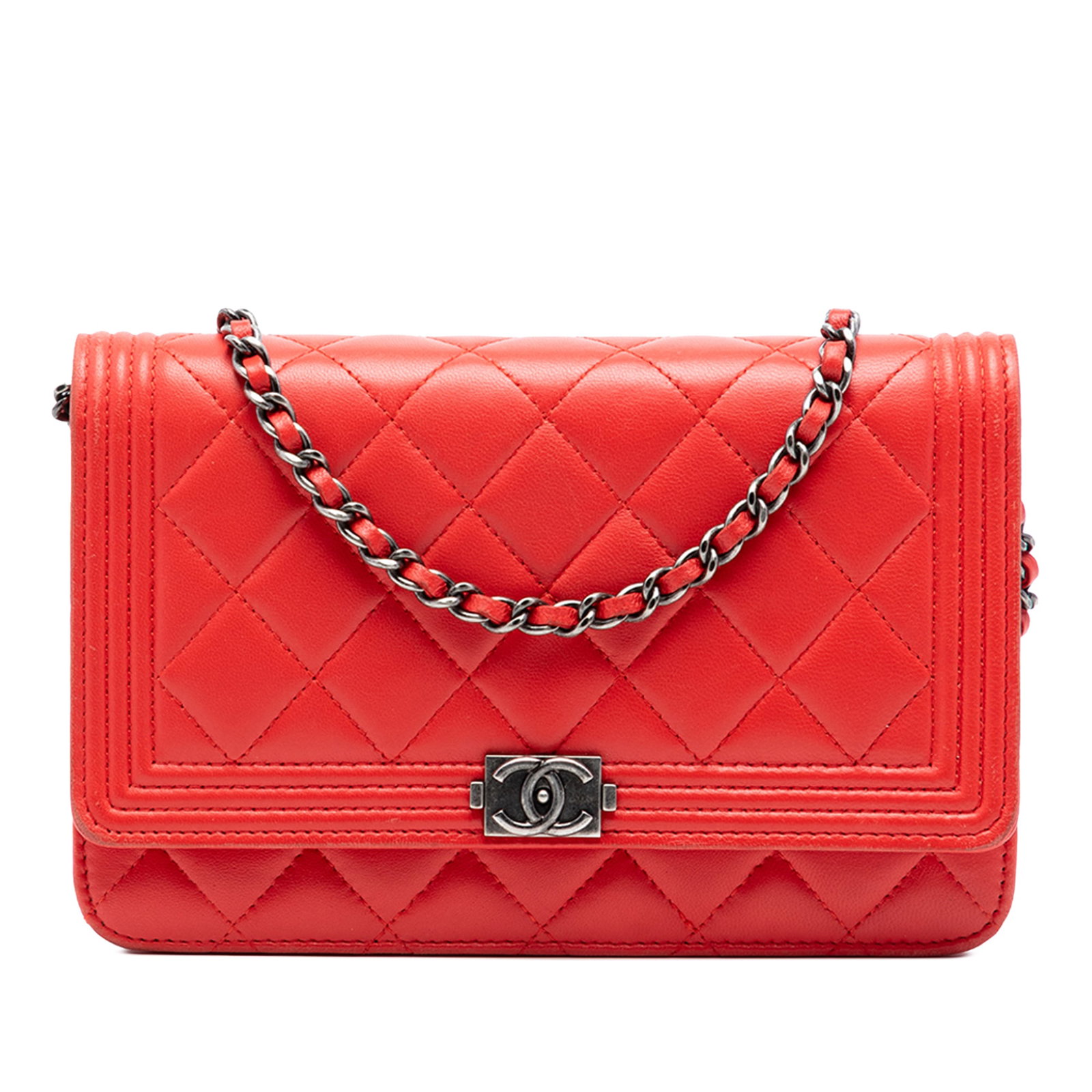 Chanel Boy Wallet on Chain Red Quilted Lambskin Leather: Chanel Boy Wallet on Chain Red Quilted Lambskin Leather This Chanel Boy Wallet On Chain is crafted from quilted lambskin leather in a striking red color. It features a silver-tone chain strap, a front