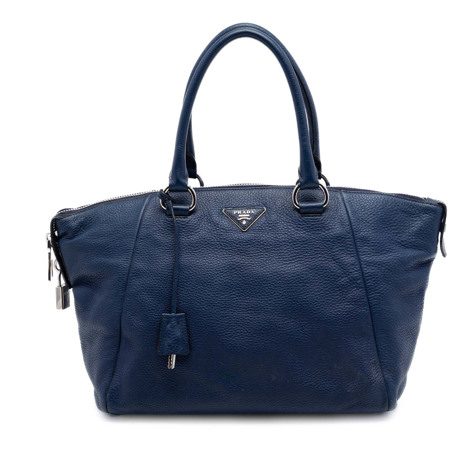Prada Vitello Daino Leather Satchel with Double Handles Blue: Prada Vitello Daino Leather Satchel with Double Handles Blue Prada Vitello Daino double handle satchel in blue leather with rolled leather handles, a top zip closure, and interior zip and slip pockets