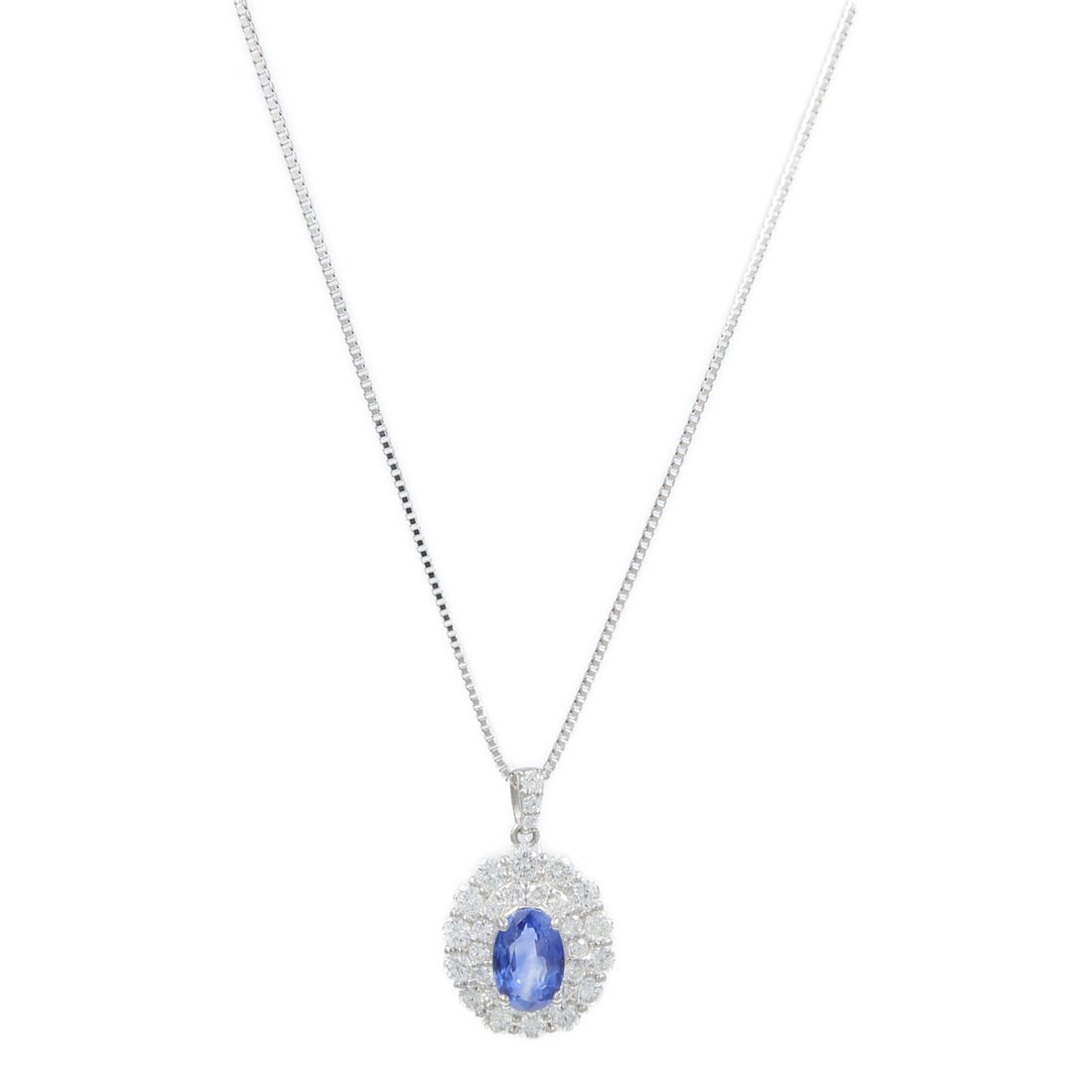 Pt900 Pt850 Platinum Necklace with Sapphire and Diamond: Pt900 Pt850 Platinum Necklace with Sapphire and Diamond A women's necklace featuring a sapphire and diamond motif in blue and clear tones. It is made with Pt900 platinum and Pt850 platinum, with