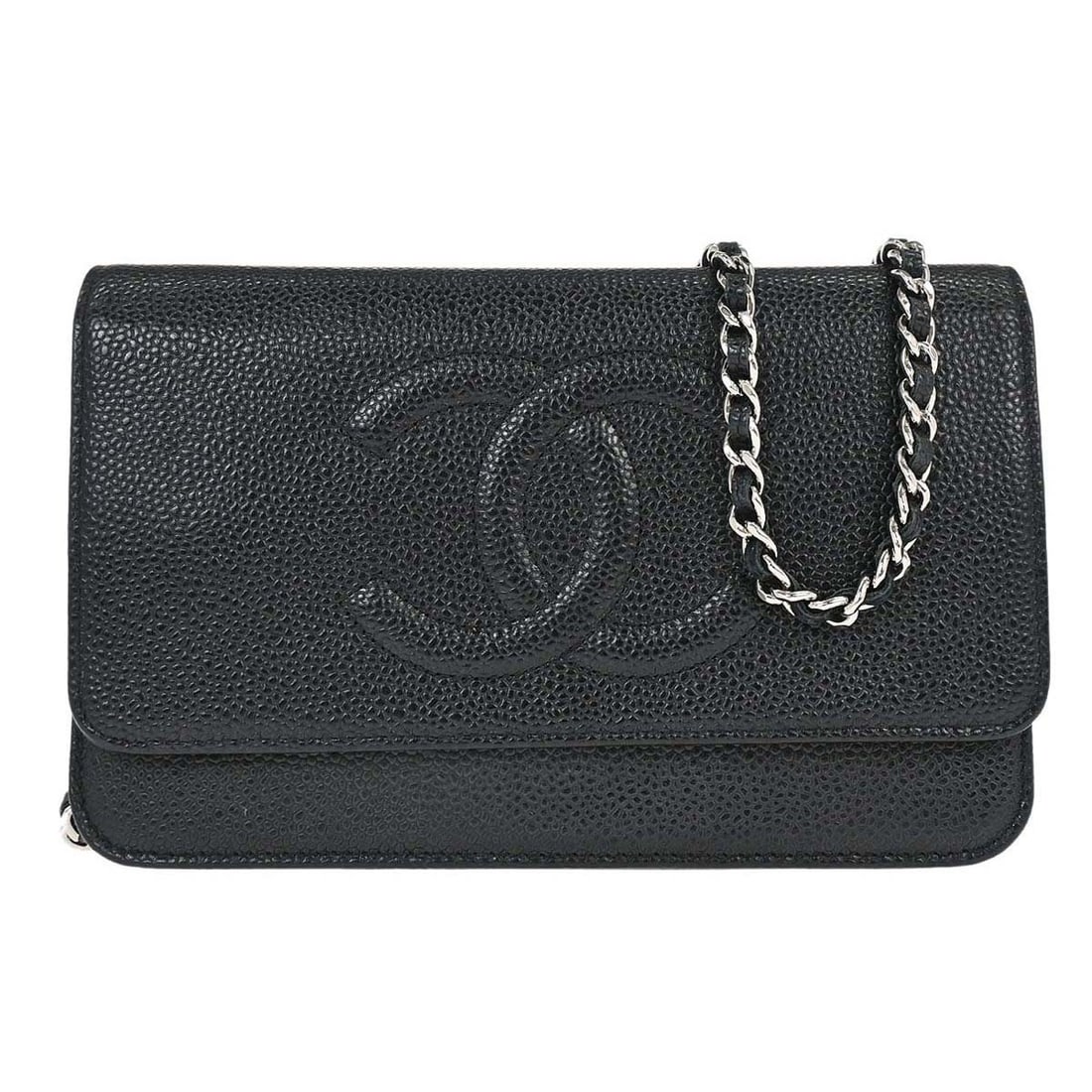 CHANEL Timeless WOC Wallet on Chain in Black Caviar Leather: CHANEL Timeless WOC Wallet on Chain in Black Caviar Leather Chanel Timeless WOC wallet on chain in black caviar skin leather. This folding wallet style bag features a structured compact design with mu