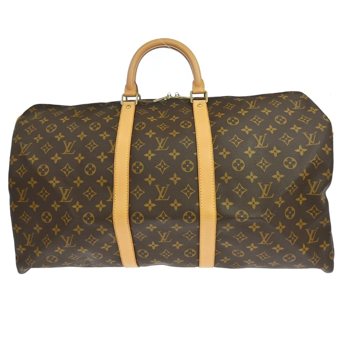 Louis Vuitton Keepall 55 Monogram Canvas Duffle Bag M41424: Louis Vuitton Keepall 55 Monogram Canvas Duffle Bag M41424 Vintage Louis Vuitton Keepall 55 travel handbag in brown Monogram canvas with leather trim and double handles. This extra large duffle-style 