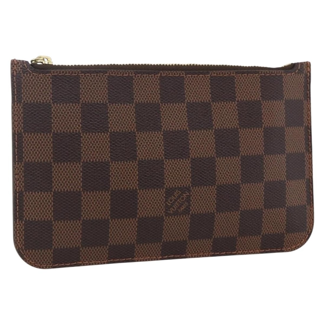Neverfull PM Damier Ebene Canvas Pouch by Louis Vuitton France: Neverfull PM Damier Ebene Canvas Pouch by Louis Vuitton France This Louis Vuitton Damier Ebene Neverfull PM pouch features the iconic Damier Ebene coated canvas in a compact and versatile design. Craf