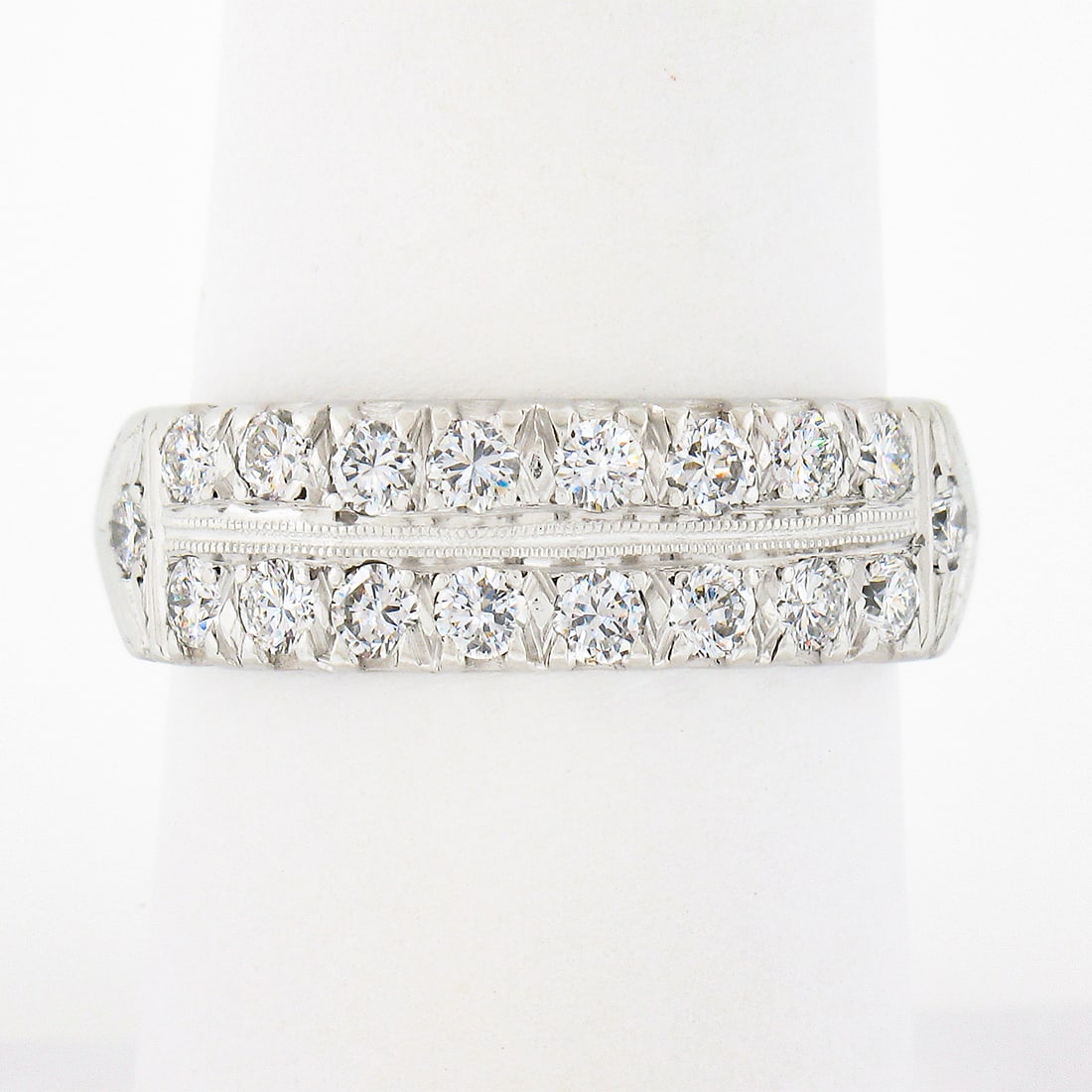 Vintage Platinum 1.0ctw Dual Row Fishtail Pave Diamond Wedding Band Ring (1 of 9)