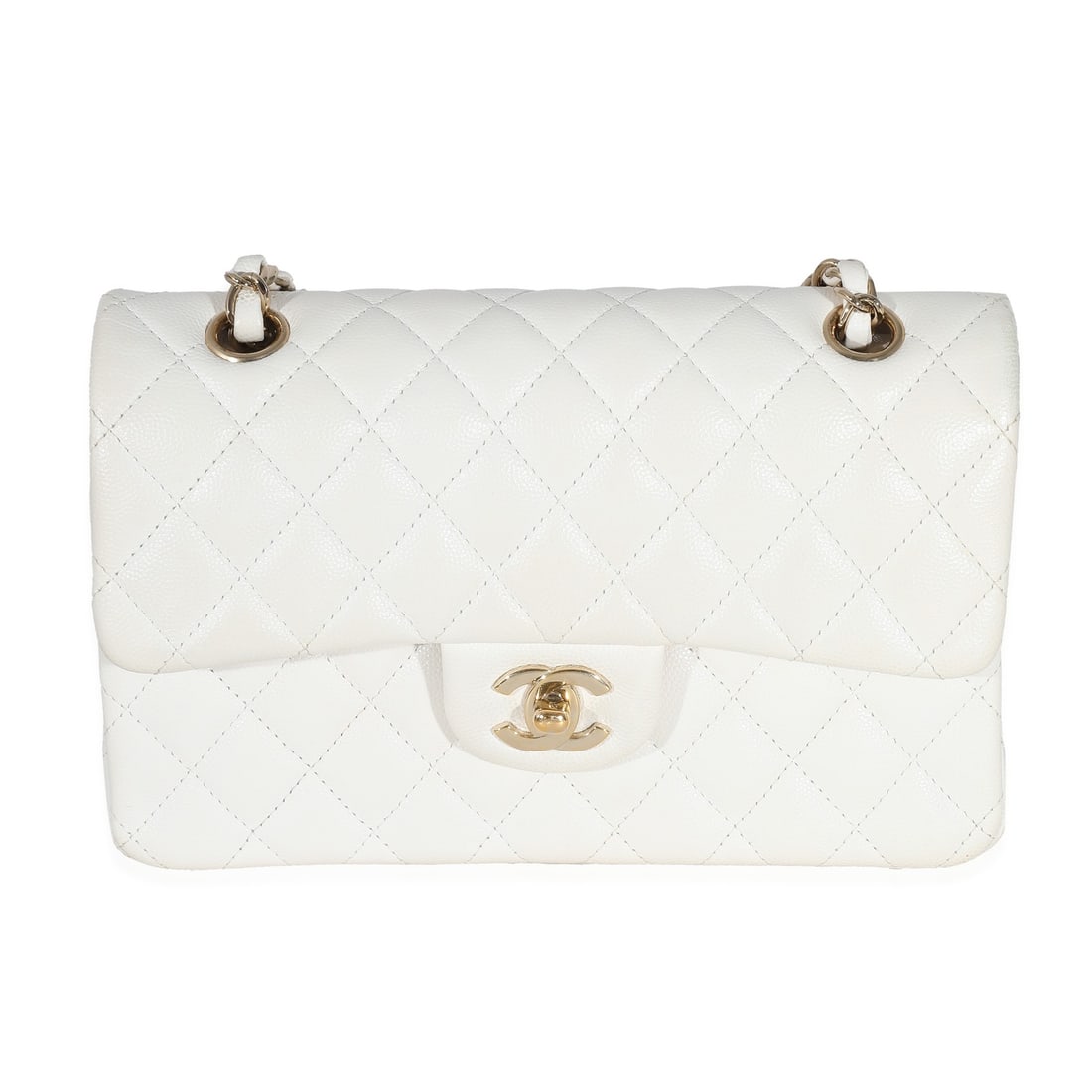Chanel Small Classic Double Flap White Caviar Leather Shoulder Bag: Chanel Small Classic Double Flap White Caviar Leather Shoulder Bag Pre-owned Chanel Small Classic Double Flap handbag in white caviar leather with a quilted design. This shoulder bag features a turnlo
