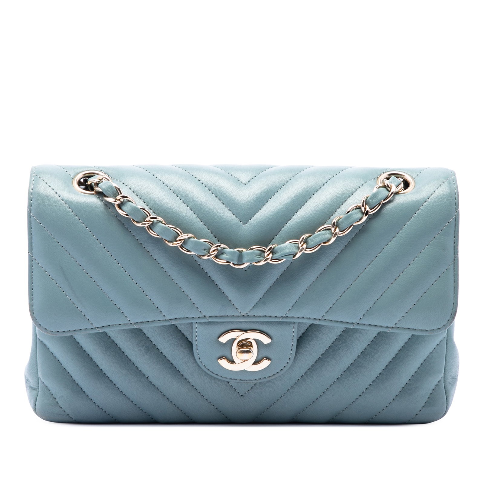 Chanel Small Classic Chevron Double Flap Blue Lambskin Shoulder Bag: Chanel Small Classic Chevron Double Flap Blue Lambskin Shoulder Bag This Chanel Small Classic Chevron Lambskin Double Flap shoulder bag is crafted in quilted lambskin leather with a leather-woven chai