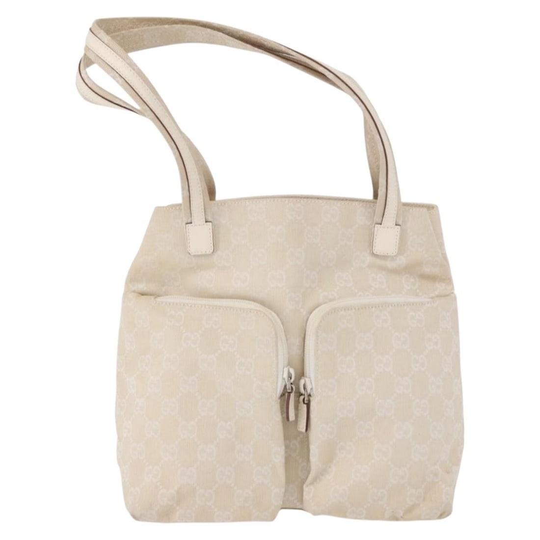 Gucci Double Pocket Tote Handbag in Ecru GG Canvas: Gucci Double Pocket Tote Handbag in Ecru GG Canvas This Gucci Double Pocket Tote is crafted from ecru GG canvas and designed for women. The tote features dual exterior pockets and metal fittings. It h