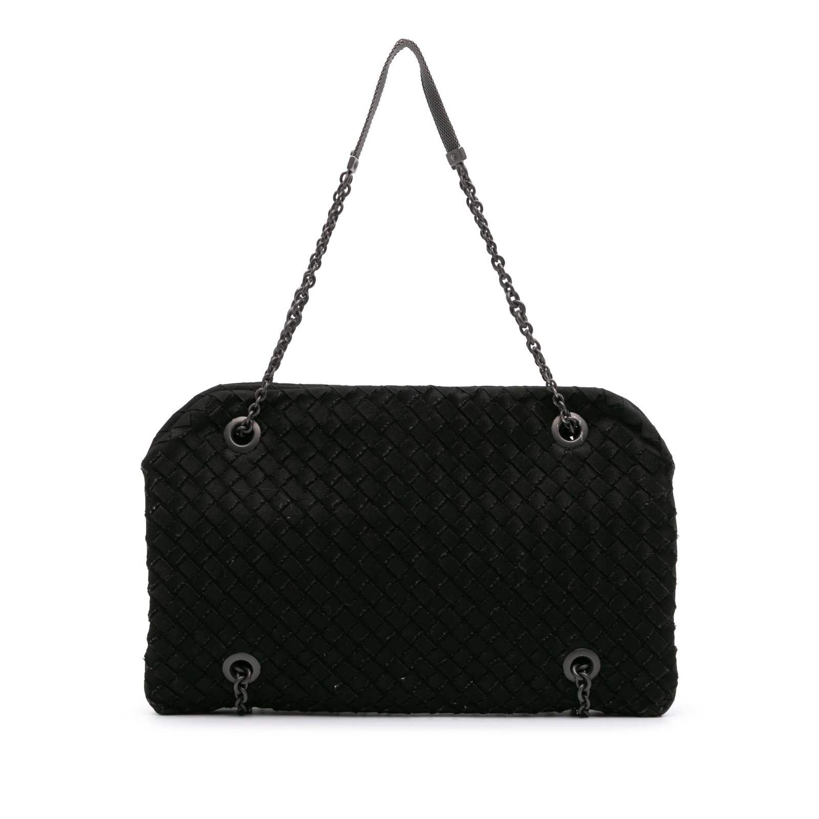 Bottega Veneta black woven fabric chain strap shoulder bag: Bottega Veneta black woven fabric chain strap shoulder bag This Bottega Veneta Grosgrain Intrecciato Duo Shoulder Bag features a sophisticated woven grosgrain fabric body, complemented by chain link s