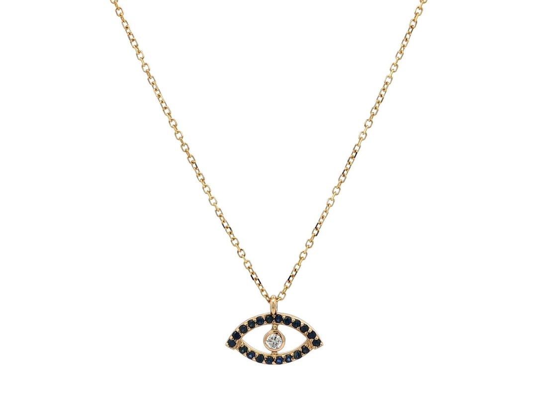 14k Yellow Gold Evil Eye Slide Pendant Necklace with Sapphire and Diamond: 14k Yellow Gold Evil Eye Slide Pendant Necklace with Sapphire and Diamond This stunning Evil Eye Slide Pendant Necklace is crafted from solid 14k yellow gold, featuring a vibrant combination of natura