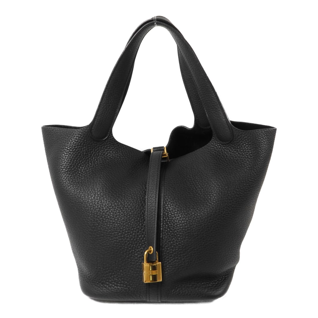 Hermes Picotin MM Taurillon Clemence Black Bucket Handbag: Hermes Picotin MM Taurillon Clemence Black Bucket Handbag Hermes Picotin MM bucket tote bag in Noir Taurillon Clemence leather with black and black details. Made in France, this women's handbag featur