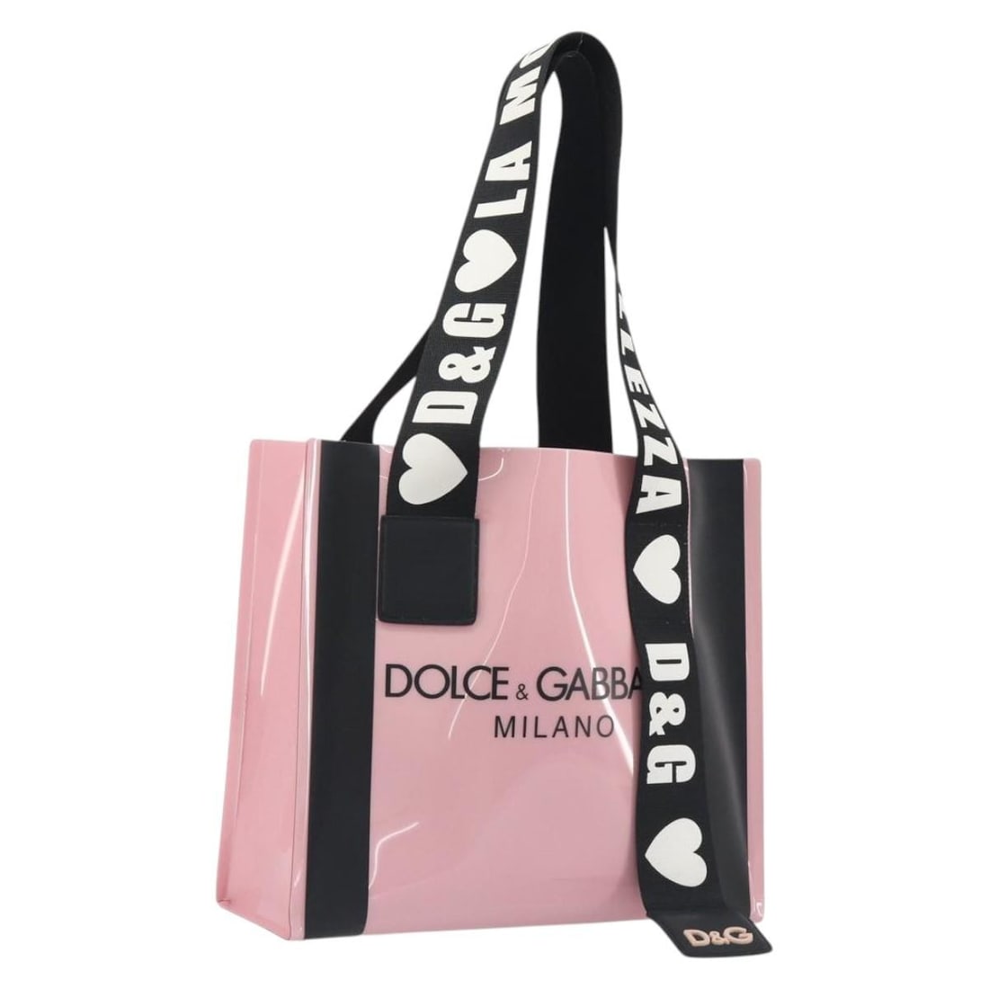 DOLCE&GABBANA Pink Black Enamel Tote Bag with Dust Bag: DOLCE&GABBANA Pink Black Enamel Tote Bag with Dust Bag Authentic Dolce&Gabbana tote bag in pink and black enamel with a structured silhouette and included dust bag. Made in Italy, this women's tote is