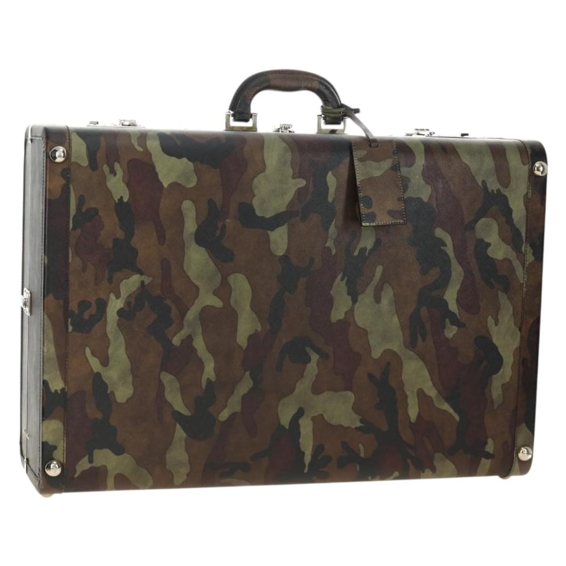 PRADA Saffiano Leather Trunk Bag Camouflage with Name Tag: PRADA Saffiano Leather Trunk Bag Camouflage with Name Tag PRADA trunk bag in camouflage Saffiano leather with a structured design and included name tag. Made in Italy, this women's bag is in condition