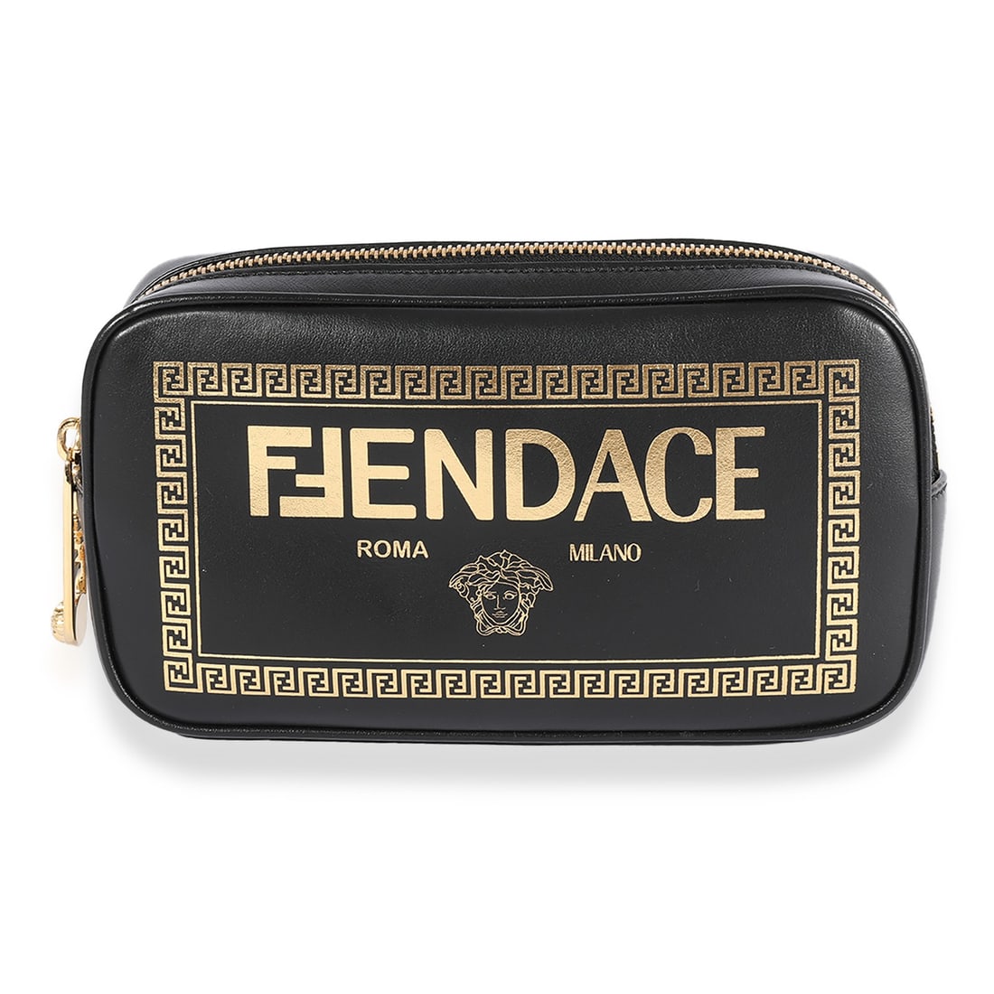 Fendi Fendace leather camera case crossbody bag black: Fendi Fendace leather camera case crossbody bag black Pre-owned Fendi x Versace Fendace camera case in black logo-print leather. This unisex bag features a zip-around closure, black fabric lining, and