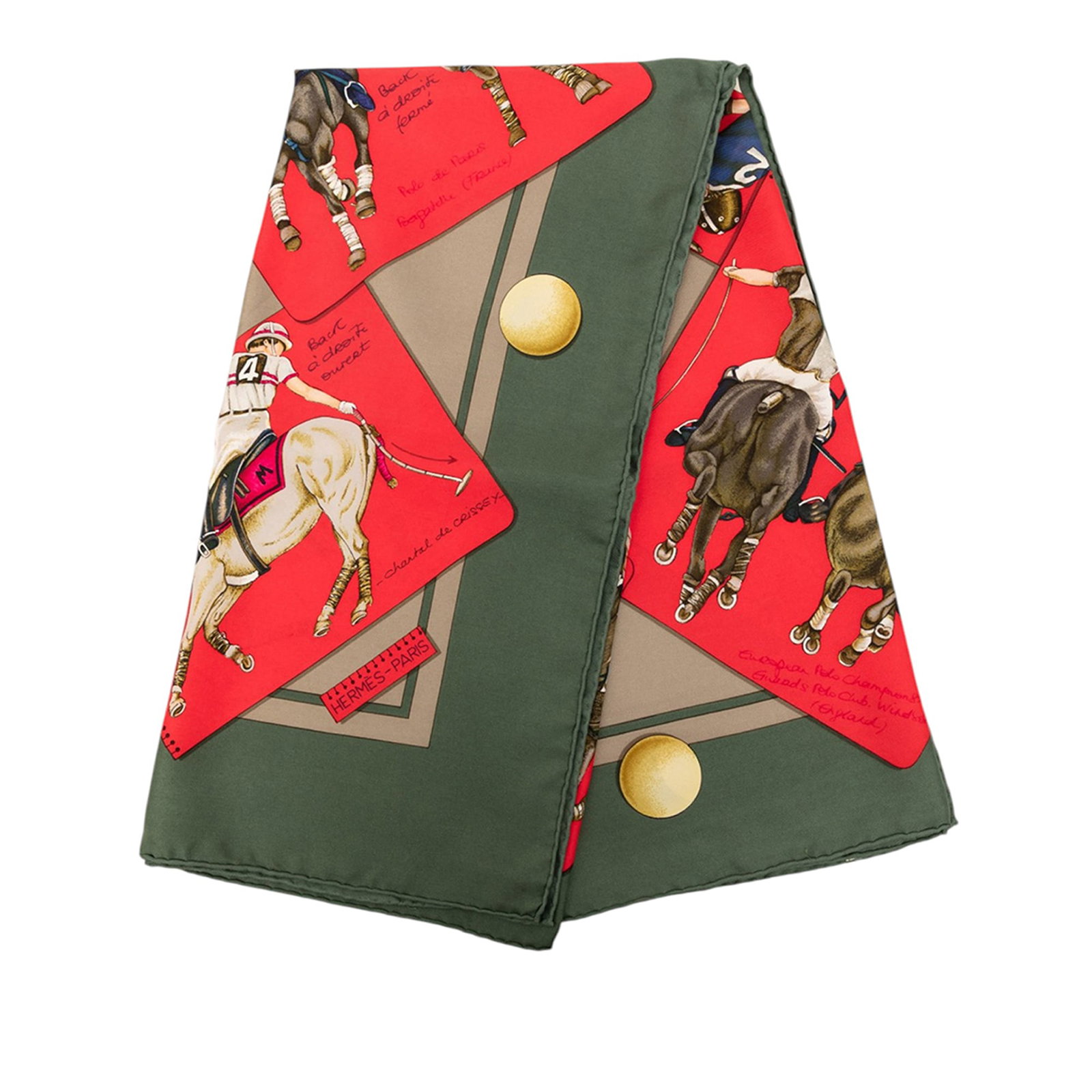 Hermes Le Monde du Polo 90 Green Silk Scarf: Hermes Le Monde du Polo 90 Green Silk Scarf Hermes Le Monde du Polo Silk Scarf 90 in green, crafted from 100% silk with the signature printed design. Made in France. Includes box. Condition is AB, wit