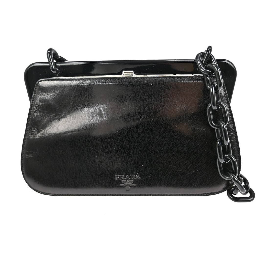 PRADA Small Black Leather Shoulder Bag with Chain Strap: PRADA Small Black Leather Shoulder Bag with Chain Strap Prada chain shoulder bag in black leather with logo accent and a compact small silhouette. Made in Italy, this women's shoulder bag features a b