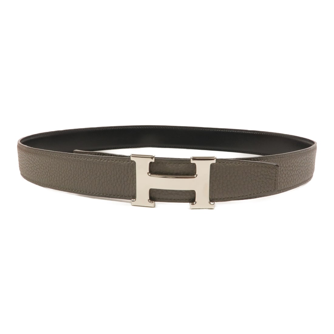 Hermes H Belt 90 Etain Noir Box Calfskin PHW: Hermes H Belt 90 Etain Noir Box Calfskin PHW Hermes men's belt in calfskin leather with a reversible Togo and Box leather construction in Etain and Noir. This regular-size belt features palladium-tone