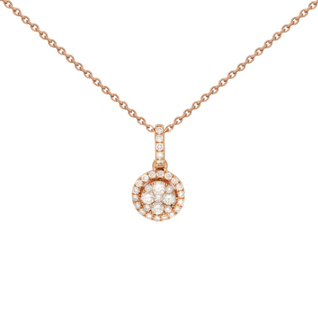 Rachel Koen Halo Diamond Necklace 18k Rose Gold 0.39ct G SI2: Rachel Koen Halo Diamond Necklace 18k Rose Gold 0.39ct G SI2 This exquisite Rachel Koen Halo Diamond Pendant Necklace is crafted in luxurious 18k rose gold, showcasing a stunning total carat weight of