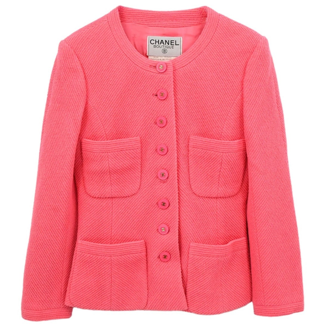 CHANEL Pink Tweed Jacket Size 38 Made in France: CHANEL Pink Tweed Jacket Size 38 Made in France Vintage Chanel collarless tweed jacket in pink. This women's mid-length jacket features a regular fit, long sleeves, logo accents, and four exterior poc